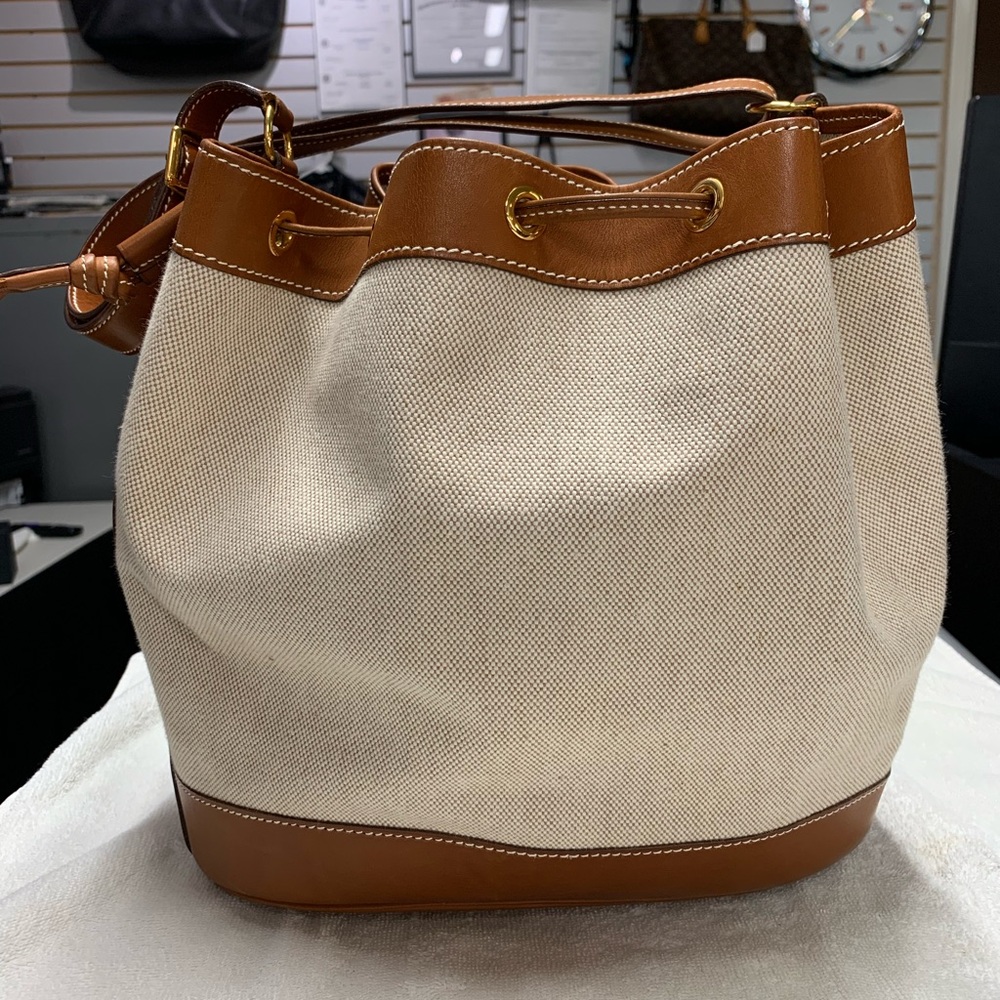 Vintage Hermes Toile Market Bucket Drawstring Bag